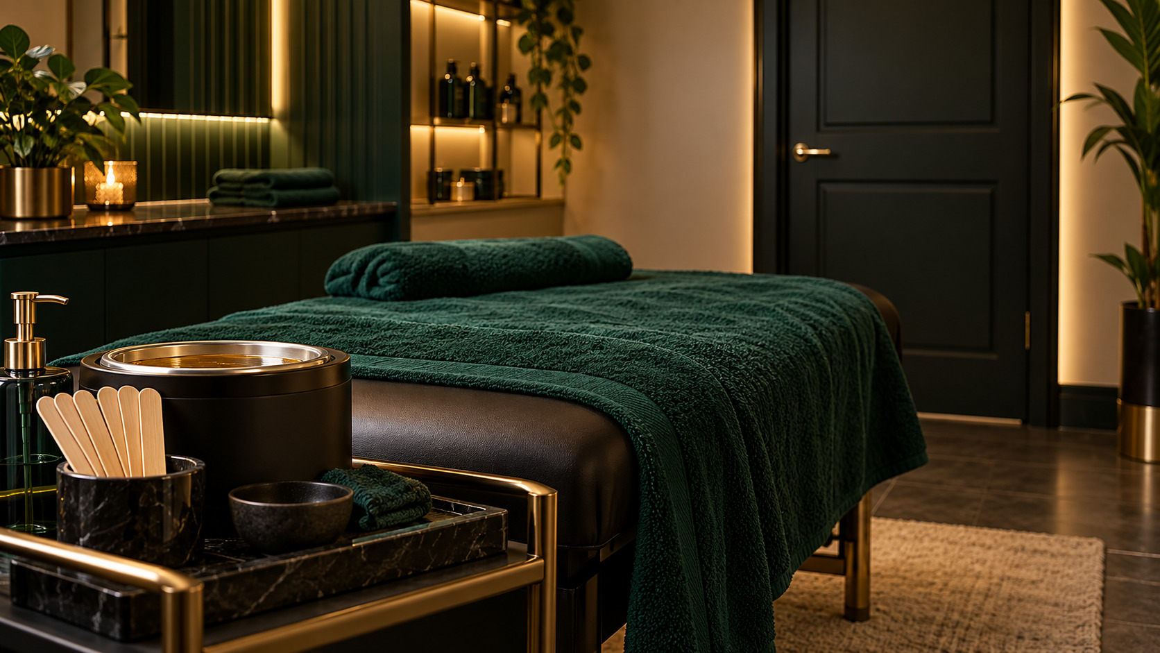Candlelit waxing room with emerald towels