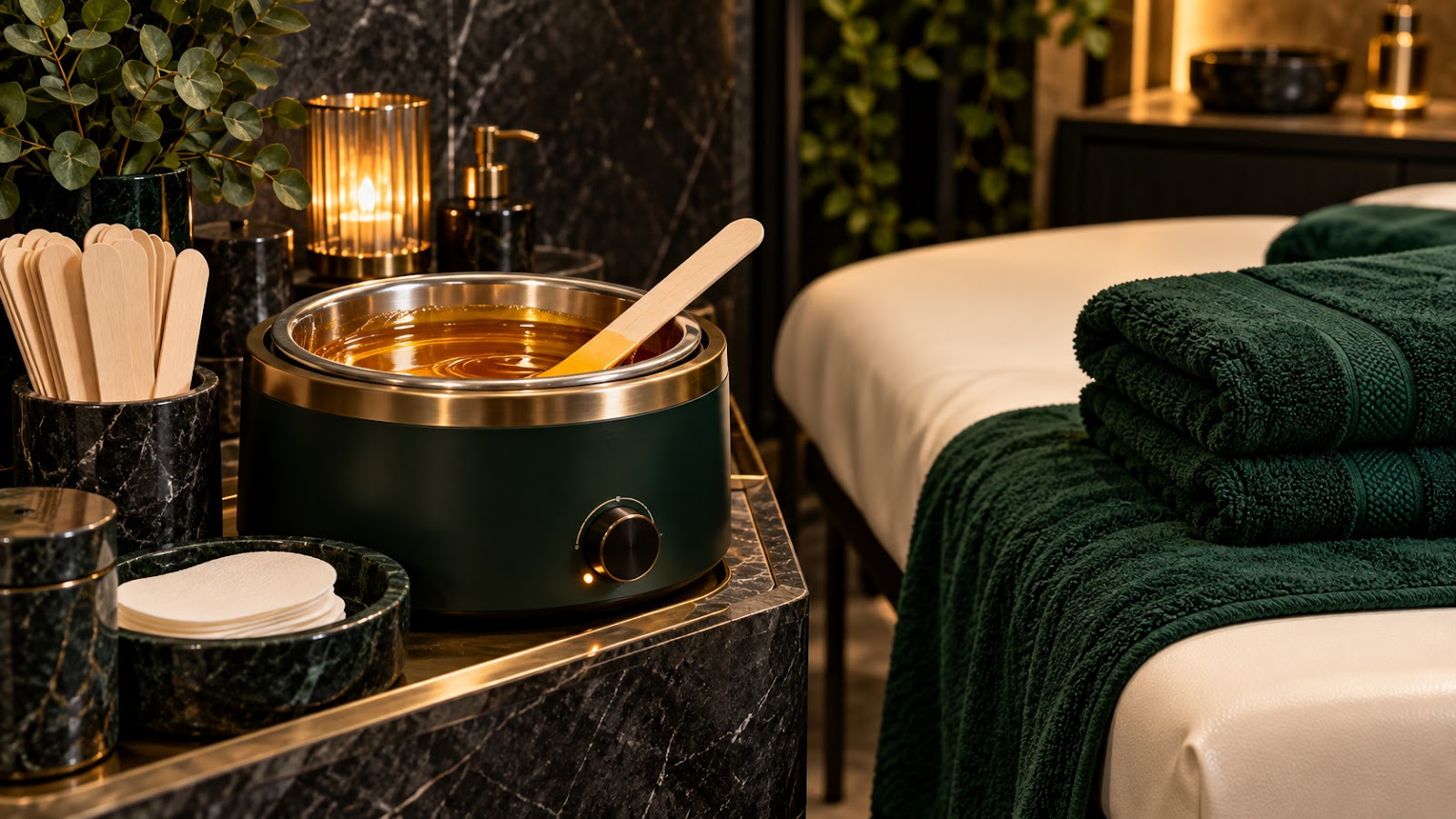 Warm wax in an emerald wax pot beside a treatment bed