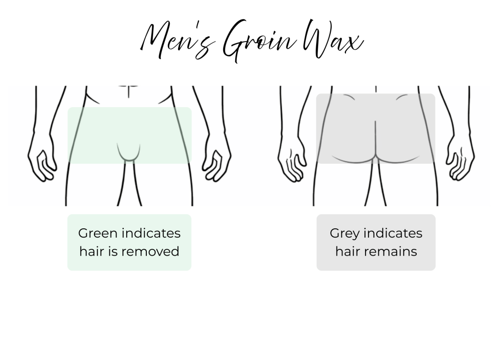 Diagram showing the area covered by a men’s groin wax, with hair removed from the penis and scrotum while hair remains on the buttocks. Emerald Grooming men’s waxing Fareham.